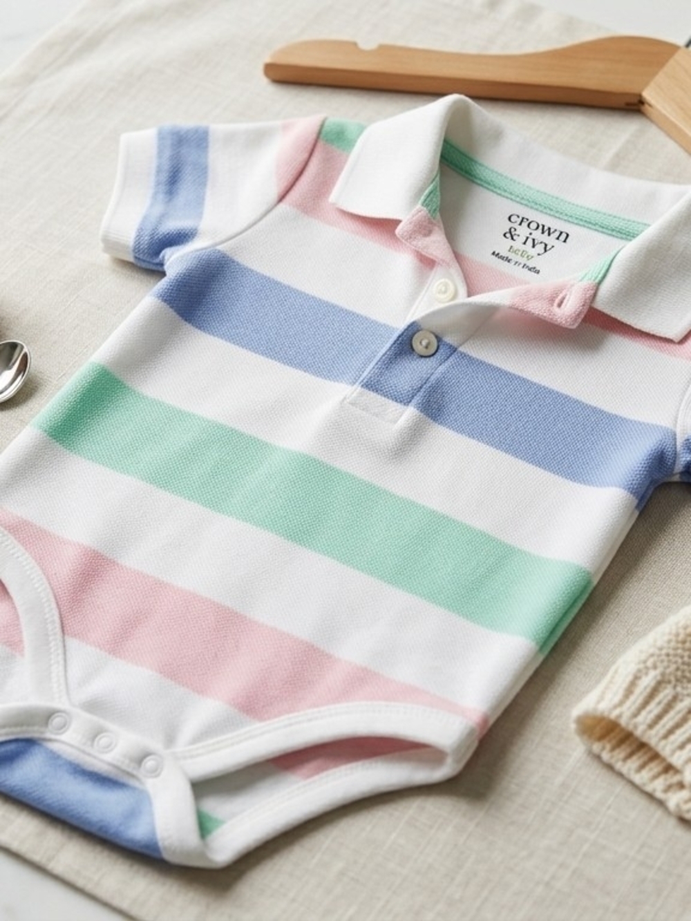 crown & ivy Pastel Blue, Green, Pink & White Striped Polo Baby Bodysuit